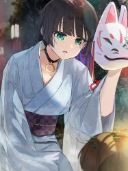 Rule 34 | 1girl, 1other, alternate costume, black choker, bocchi the rock!, choker, earclip, earrings, fox mask, funi mu9, glint, highres, holding, holding mask, japanese clothes, jewelry, kimono, looking at another, mask, mouth piercing, obi, outdoors, pa-san, purple hair, sash, straight hair, wide sleeves, yukata