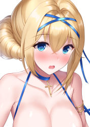 Rule 34 | 1girl, :o, :s, azur lane, bare shoulders, bikini, blonde hair, blue choker, blue eyes, blue ribbon, blush, breasts, choker, cleavage, close-up, collarbone, commentary request, cross, cross choker, crossed bangs, embarrassed, hair bun, hair ribbon, highres, jeanne d&#039;arc (azur lane), jeanne d&#039;arc (saintess of the sea) (azur lane), jewelry, large breasts, long hair, looking at viewer, nekomori caburi, official alternate costume, open mouth, partial commentary, ribbon, simple background, single hair bun, solo, swimsuit, thighs, white background
