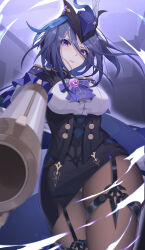 Rule 34 | 1girl, absurdres, aiming, aiming at viewer, black pantyhose, blue cape, blue hair, blue hat, breasts, cape, clorinde (genshin impact), congyu, corset, epaulettes, genshin impact, gloves, gun, handgun, hat, hat feather, highres, holding, holding gun, holding weapon, jewelry, long hair, looking at viewer, medium breasts, panties, pantyhose, purple eyes, solo, thigh focus, tricorne, underwear, upskirt, weapon