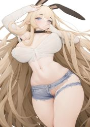 Rule 34 | 1girl, animal ears, arms up, blonde hair, blue eyes, breasts, detached sleeves, highres, huge breasts, long hair, long sleeves, looking at viewer, midriff, navel, original, pointy ears, rabbit (wlsdnjs950), rabbit ears, short shorts, shorts, simple background, solo, torn clothes, torn shorts, very long hair, white background