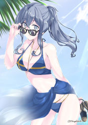 Rule 34 | 1girl, adjusting eyewear, adjusting glasses, alternate costume, alternate hairstyle, bikini, blue bikini, blue hair, blue sarong, blue sky, breasts, cloud, collarbone, commentary request, cowboy shot, day, gotland (kancolle), jewelry, kantai collection, leaning forward, light rays, long hair, looking at viewer, looking over eyewear, looking over glasses, medium breasts, mikage takashi, mole, mole under eye, necklace, outdoors, palm tree, sarong, shoes, unworn shoes, sky, solo, standing, sunbeam, sunglasses, sunlight, swimsuit, tinted eyewear, tree, twitter username