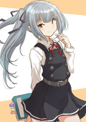 Rule 34 | 1girl, black ribbon, book, brown eyes, commentary request, cowboy shot, dress, fuji (pixiv24804665), grey hair, highres, kantai collection, kasumi (kancolle), kasumi kai ni (kancolle), long hair, long sleeves, neck ribbon, pinafore dress, red ribbon, ribbon, shirt, side ponytail, single thighhigh, sleeveless, sleeveless dress, smile, solo, thighhighs, white shirt