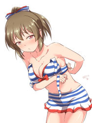 Rule 34 | 1girl, artist name, bare shoulders, bikini, bikini skirt, blush, bow, breasts, brown hair, cleavage, closed mouth, collarbone, commentary, hair bow, high ponytail, hori yuko, idolmaster, idolmaster cinderella girls, looking at viewer, medium breasts, ponytail, pout, red bow, red eyes, short ponytail, sidelocks, simple background, solo, striped bikini, striped clothes, susutaketakumi, swimsuit, undressing, white background