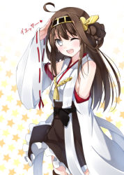 Rule 34 | 10s, 1girl, ;d, ahoge, blush, braid, brown hair, chm (macharge), detached sleeves, grey eyes, headband, japanese clothes, kantai collection, kongou (kancolle), long hair, miko, nontraditional miko, one eye closed, open mouth, ribbon-trimmed sleeves, ribbon trim, salute, smile, solo, star (symbol), starry background, translated, wink