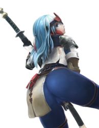 Rule 34 | 1girl, armor, ass, blue eyes, blue hair, bodysuit, brave (armor), cameltoe, capcom, ichiba youichi, katana, long hair, looking at viewer, looking back, monster hunter, monster hunter (series), monster hunter 4, simple background, solo, sword, weapon, white background