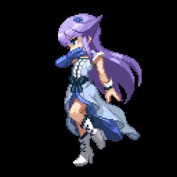 Rule 34 | 10s, 1girl, animated, animated gif, blue eyes, boots, bow, cure moonlight, dress, fighting stance, heartcatch precure!, knee boots, long hair, lowres, magical girl, pixel art, precure, purple hair, solo, standing, standing on one leg, takoyaki neko-san, transparent background, tsukikage yuri, waist bow