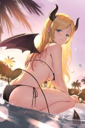 Rule 34 | 1girl, back, bare arms, bare back, bikini, black bikini, black horns, black wings, blonde hair, breasts, closed mouth, commentary request, demon girl, demon horns, demon tail, demon wings, earrings, evening, from side, green eyes, highres, hololive, horns, jewelry, long hair, looking at viewer, looking to the side, medium breasts, outdoors, palm tree, parted bangs, pointy ears, side-tie bikini bottom, sidelocks, sitting, sky, smile, solo, squatting, string bikini, swimsuit, tail, thighs, tokisaka makoto, tree, virtual youtuber, water, water drop, wet, wings, yuzuki choco
