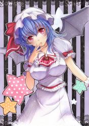Rule 34 | 1girl, aged up, bat wings, blue hair, breasts, colored pencil (medium), female focus, frilled shirt, frilled shirt collar, frilled sleeves, frills, hat, hat ribbon, head tilt, highres, large breasts, long skirt, mii@chiffonx, puffy short sleeves, puffy sleeves, red eyes, remilia scarlet, ribbon, sample watermark, shirt, short hair, short sleeves, skirt, solo, star (symbol), touhou, traditional media, watermark, wings