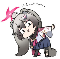 Rule 34 | 1girl, ahoge, animal ear fluff, animal ears, black footwear, black pantyhose, black scarf, black sleeves, blue archive, blue skirt, chibi, detached sleeves, full body, grey hair, grey shirt, hair between eyes, halo, leaning to the side, long hair, looking at viewer, lowres, michiru (blue archive), nyaru (nyaru 4126), open mouth, pantyhose, pleated skirt, raccoon ears, raccoon girl, raccoon hair ornament, raccoon tail, scarf, shirt, shoes, short eyebrows, simple background, single detached sleeve, single leg pantyhose, single sleeve, skirt, solo, standing, tail, thick eyebrows, translation request, twintails, very long hair, white background