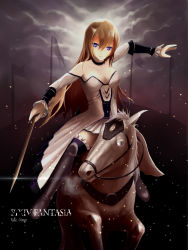 Rule 34 | 1girl, absurdres, armor, bad id, bad pixiv id, blonde hair, boots, flag, highres, horse, knight, long hair, original, pixiv fantasia, pixiv fantasia fallen kings, purple eyes, righthead, sword, weapon