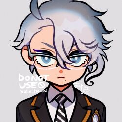 1boy :&lt; ake_karashi azul_ashengrotto blue_eyes deformed glasses grey_background grey_hair highres looking_at_viewer male_focus night_raven_college_uniform portrait school_uniform short_hair simple_background solo twisted_wonderland