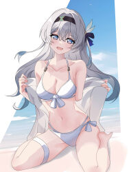 Rule 34 | 1girl, :d, absurdres, bare legs, bare shoulders, barefoot, bikini, black hairband, blue sky, cloud, commentary, day, firefly (honkai: star rail), grey hair, hairband, head tilt, highres, honkai: star rail, honkai (series), long hair, looking at viewer, maxwelzy, navel, open mouth, outdoors, purple eyes, side-tie bikini bottom, sitting, sky, smile, solo, stomach, swimsuit, thigh strap, thighs, very long hair, wariza, white bikini