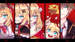 Rule 34 | 1boy, 4girls, aged down, akai haato, akai haato (1st costume), akai haato (gothic lolita), akai haato (new year), blonde hair, blue eyes, blush, character name, child, closed mouth, collared shirt, commentary, flower, fur collar, genderswap, genderswap (ftm), haaton (akai haato), hair flower, hair ornament, hairclip, heart, heart hair ornament, highres, hololive, jacket, japanese clothes, kimono, long hair, looking at viewer, multiple girls, multiple persona, necktie, official alternate costume, open mouth, red-kun (akai haato), red background, shadow, shirt, smile, virtual youtuber