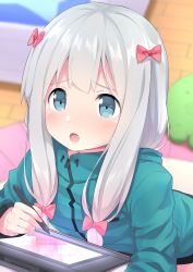 Rule 34 | 10s, 1girl, absurdres, bedroom, blue eyes, blurry, blush, bow, censored, depth of field, drawing tablet, eromanga sensei, go-1, green jacket, hair bow, hair over shoulder, highres, hood, hooded track jacket, indoors, izumi sagiri, jacket, leaning forward, long hair, looking at viewer, mosaic censoring, open mouth, pink bow, sidelocks, silver hair, solo, track jacket, upper body