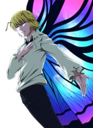 Rule 34 | 1boy, anime coloring, antennae, blonde hair, brown eyes, butterfly wings, collared shirt, dutch angle, frills, half-closed eyes, hand on own chest, highres, hunter x hunter, insect wings, looking at viewer, maazyu, male focus, pale skin, parted lips, shaiapouf, shirt, simple background, smile, solo, white background, wings