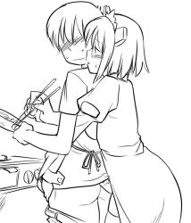 Rule 34 | 1boy, 1girl, 2k-tan, apron, ass, blush, chopsticks, clothes pull, cooking, erection, femdom, futa with male, futanari, glasses, greyscale, hinemosu notari, kitchen, monochrome, os-tan, outline, pants, pants pull, penis, rape, simple background, stove, surprised, undressing, white background