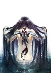 Rule 34 | 1girl, back, back focus, back tattoo, black hair, facing away, fish tattoo, highres, koi, long hair, nude, original, partially submerged, solo, standing, tattoo, very long hair, water, watermark, web address, white background, yuumei