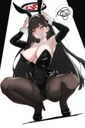 Rule 34 | 1girl, absurdres, animal ears, armpits, bare shoulders, black footwear, black hair, black leotard, black panther, blue archive, blunt bangs, blush, breasts, fake animal ears, halo, high heels, highres, ika206836, large breasts, leotard, long hair, panther, playboy bunny, red eyes, rio (blue archive), shy, solo, squatting, strapless, strapless leotard, thighs, wavy mouth