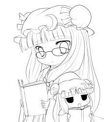 Rule 34 | 2girls, :o, absurdres, bespectacled, blunt bangs, book, chibi, crescent, dual persona, fang, female focus, glasses, greyscale, hat, highres, jitome, lineart, long hair, monochrome, multiple girls, open book, patchouli knowledge, reading, touhou, transparent background, yume shokunin