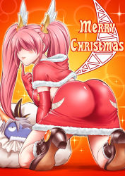 Rule 34 | 1girl, all fours, artist request, ass, bag, blush, boots, breasts, capelet, character request, christmas, corset, duel masters, elbow gloves, from behind, gloves, hair ornament, hair over eyes, highres, large breasts, long hair, looking at viewer, parted lips, pink hair, prin (duel masters), ryusei (duel masters), santa costume, shiny clothes, sideboob, skirt, smile, twintails, very long hair