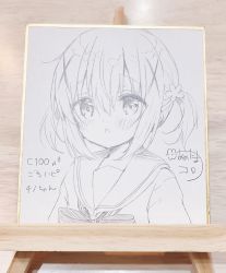 Rule 34 | 1girl, amedamacon, blush, bow, chestnut mouth, commentary request, flower, gochuumon wa usagi desu ka?, hair between eyes, hair flower, hair ornament, highres, kafuu chino, looking at viewer, parted lips, photo (medium), sailor collar, shirt, short twintails, signature, solo, traditional media, twintails, upper body, x hair ornament
