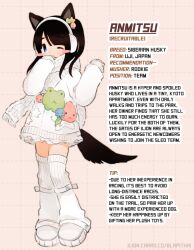 Rule 34 | 1girl, animal bag, animal ears, blue eyes, blush stickers, brown hair, character sheet, commentary, dog ears, dog girl, dog tail, english commentary, english text, frilled skirt, frills, full body, grid background, hair ornament, hands up, headphones, lapithai, long hair, long sleeves, looking at viewer, one eye closed, one side up, original, pink background, scarf, skirt, sleeves past wrists, solo, standing, sweater, tail, thighhighs, white footwear, white headwear, white leg warmers, white scarf, white sweater, white thighhighs
