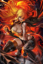 Rule 34 | 1girl, ahoge, asymmetrical legwear, belt, between legs, black gloves, black shorts, blonde hair, boots, breasts, brown footwear, brown jacket, buckle, cleavage, dirty, fingerless gloves, fire, floating hair, gauntlets, gloves, hand between legs, high heel boots, high heels, jacket, kneehighs, large breasts, long hair, midriff, navel, orange scarf, over-kneehighs, purple eyes, red lips, rwby, sakimichan, scarf, shell casing, shorts, sidelocks, socks, solo, squatting, strapless, tattoo, thigh boots, thighhighs, torn clothes, tube top, uneven legwear, vambraces, waist cape, wavy hair, wind, wind lift, yang xiao long