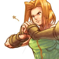 Rule 34 | 1girl, abs, bad id, bad pixiv id, bare shoulders, blonde hair, bodysuit, brass knuckles, breasts, closed mouth, commentary request, final fantasy, final fantasy tactics, gauntlets, gloves, green bodysuit, green eyes, momigara (mmgrkmnk), monk (fft), multiple boys, muscular, muscular female, short hair, simple background, solo, weapon, white background