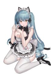 Rule 34 | 1girl, absurdres, animal ears, apron, black dress, blue hair, blush, breasts, cat ears, cat tail, dress, drill hair, elbow gloves, fake animal ears, fake tail, genkoubeya shig, gloves, goddess of victory: nikke, high heels, highres, large breasts, legwear garter, light blue hair, long hair, looking at viewer, maid, maid headdress, neck bell, official alternate costume, open mouth, paw hair ornament, privaty (nikke), privaty (unkind maid) (nikke), sitting, solo, tail, thighhighs, twin drills, twintails, very long hair, white apron, white gloves, white thighhighs, yellow eyes