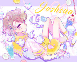 Rule 34 | 1boy, androgynous, character name, dear vocalist, fish, grey eyes, grey hair, hair ornament, hairclip, highres, jeje (pixiv60670177), jellyfish, joshua (dear vocalist), looking at viewer, looking to the side, pale skin, pastel colors, smile