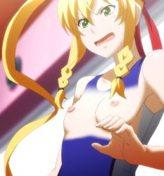 Rule 34 | 1girl, blonde hair, breasts, green eyes, himegami kodama, long hair, maken-ki!, nipples, school swimsuit, screencap, see-through, small breasts, stitched, surprised, swimsuit, takami akio, third-party edit, twintails