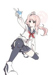 Rule 34 | 1girl, 7ben9i, ahoge, black sailor collar, black skirt, black thighhighs, blue archive, buttons, cardigan, closed mouth, collarbone, drink, drinking straw, halo, highres, holding, holding drink, long hair, long sleeves, natsu (blue archive), neckerchief, pink hair, pink halo, pleated skirt, red eyes, red neckerchief, sailor collar, shoes, side ponytail, simple background, skirt, solo, thighhighs, white background, white cardigan, white footwear