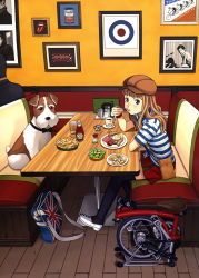 Rule 34 | 1girl, air force roundel, bicycle, black thighhighs, blonde hair, blue eyes, bow, bowtie, cabbie hat, campbell&#039;s, dog, eating, england, food, hat, heinz, highres, insignia, katou akatsuki, ketchup, long hair, looking at viewer, mcdonald&#039;s, original, royal air force, scan, shirt, sitting, skirt, solo, striped clothes, striped shirt, the rolling stones, thighhighs, wristband