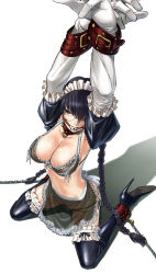 Rule 34 | 00s, 1girl, arms up, ball gag, bdsm, black lagoon, black thighhighs, bondage, boots, bound, braid, breasts, chain, cleavage, collar, cuffs, female focus, frilled thighhighs, frills, gag, gagged, glasses, gloves, high heel boots, high heels, hiroe rei, kneeling, large breasts, long hair, maid, navel, official art, roberta (black lagoon), see-through, shoes, simple background, solo, thigh boots, thighhighs, twin braids, very long hair, white background, white gloves, wiffle gag