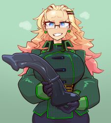 Rule 34 | 1girl, aethella mugolm, bad id, bad pixiv id, black gloves, blonde hair, blush, breasts, commentary, dildo, english commentary, glasses, gloves, gradient hair, green background, grin, hair ornament, hairclip, highres, holding, holding sex toy, horse dildo, huge breasts, huge dildo, long hair, multicolored hair, naughty face, nose blush, original, penis awe, pink hair, rimless eyewear, risk hunters, sex toy, short eyebrows, smile, solo, sweatdrop, tenk, uniform