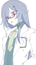 Rule 34 | 1girl, aqua shirt, blue eyes, blue hair, c uino, coat, doctor, fu hua, green necktie, grey hair, hair between eyes, hand in pocket, highres, honkai (series), honkai impact 3rd, long hair, long sleeves, looking to the side, low-tied long hair, low ponytail, necktie, official alternate costume, open mouth, ponytail, shirt, simple background, solo, upper body, white background, white coat