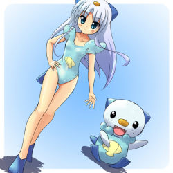 Rule 34 | 10s, 1girl, blue eyes, casual one-piece swimsuit, creatures (company), fins, flippers, freckles, game freak, gen 5 pokemon, hand on own hip, hip focus, moemon, nintendo, one-piece swimsuit, oshawott, personification, pokemon, pokemon (creature), pokemon bw, swimsuit, tenjou ryuka, thigh gap, thighs, white hair