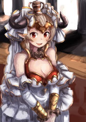 Rule 34 | 10s, 1girl, aliza (granblue fantasy), breasts, bridal veil, cleavage, cleavage cutout, clothing cutout, detached sleeves, draph, dress, gen (gen 7254), granblue fantasy, horns, large breasts, long hair, looking at viewer, pointy ears, red eyes, silver hair, smile, solo, veil, wedding dress