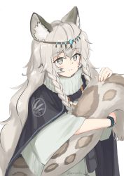 Rule 34 | 1girl, absurdres, animal ear fluff, animal ears, arknights, black bracelet, black cape, blush, braid, bright pupils, cape, genjaku, grey hair, highres, hugging own tail, hugging tail, infection monitor (arknights), jewelry, leopard ears, leopard girl, leopard tail, long hair, looking at viewer, necklace, pramanix (arknights), side braids, simple background, smile, solo, sweater, tail, tiara, twitter username, upper body, very long hair, wavy hair, white background, white pupils, white sweater