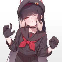 Rule 34 | 1girl, beret, black choker, black gloves, black hair, black hat, black serafuku, black shirt, black skirt, blue archive, choker, gloves, halo, hand on another&#039;s face, hat, justice task force member (blue archive), looking at viewer, neckerchief, one eye closed, open mouth, red eyes, red halo, red neckerchief, rounan58287, school uniform, serafuku, shirt, skirt, solo, white background