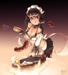 Rule 34 | 1girl, :q, apron, black hair, black thighhighs, bra, breasts, character request, cleavage, cooking, egg (food), food, fried egg, garter straps, heart, heart-shaped pupils, highres, junkpuyo, licking lips, maid, maid apron, maid headdress, md5 mismatch, medium breasts, midriff, red eyes, s4 league, sausage, short hair, frying pan, skirt, smile, solo, spatula, symbol-shaped pupils, thighhighs, tongue, tongue out, underwear, waist apron