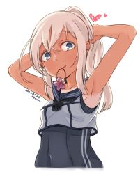 Rule 34 | 1girl, alakoala, alternate hairstyle, black sailor collar, black one-piece swimsuit, blonde hair, blue eyes, blush, closed mouth, collarbone, cropped torso, dated, hair between eyes, hair tie in mouth, heart, highres, kantai collection, long hair, mouth hold, one-piece swimsuit, ponytail, ro-500 (kancolle), sailor collar, sailor shirt, shirt, simple background, sleeveless, sleeveless shirt, solo, swimsuit, swimsuit under clothes, tying hair, white background, white shirt