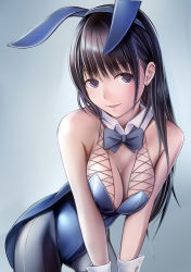 Rule 34 | 1girl, anegasaki nene, animal ears, bare shoulders, black hair, black pantyhose, bow, bowtie, breasts, cleavage, contrapposto, cowboy shot, detached collar, fake animal ears, gradient background, large breasts, leotard, long hair, looking at viewer, love plus, mole, mole under eye, nannacy7, pantyhose, playboy bunny, purple eyes, rabbit ears, solo, standing, v arms, wrist cuffs