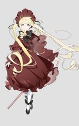 Rule 34 | 1girl, 7tkei, absurdres, arms at sides, black bow, black bowtie, black footwear, blonde hair, blue eyes, bonnet, bow, bowtie, cane, capelet, crossed legs, dress, drill hair, flower, footwear bow, full body, grey background, hair ribbon, highres, holding, holding cane, lolita fashion, long hair, long sleeves, looking at viewer, pantyhose, pink flower, pink rose, puffy long sleeves, puffy sleeves, red capelet, red dress, red headwear, ribbon, rose, rozen maiden, shinku, shoes, sidelocks, simple background, skirt hold, solo, standing, twin drills, watson cross, white pantyhose