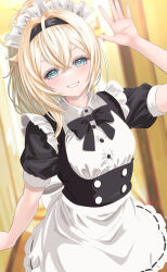 Rule 34 | 1girl, alternate costume, apron, arm up, back bow, black bow, black bowtie, black dress, black hairband, blonde hair, blue eyes, bow, bowtie, breasts, collared shirt, commentary request, dress, enmaided, frills, grin, hair intakes, hairband, high ponytail, highres, hololive, indoors, kazama iroha, long hair, maid, maid headdress, puffy sleeves, shirt, short sleeves, sidelocks, small breasts, smile, solo, virtual youtuber, waist apron, wakaunderblade7, white apron, white bow, white shirt