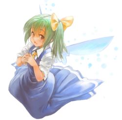 Rule 34 | 1girl, bow, brown eyes, daiyousei, embodiment of scarlet devil, face, fairy, female focus, green hair, hair bow, kneeling, own hands clasped, own hands together, ribbon, sachito, short hair, side ponytail, simple background, solo, touhou, white background, wings