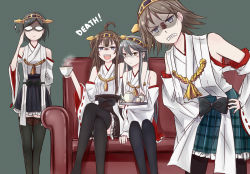 Rule 34 | 10s, 4girls, angry, bare shoulders, boots, brown hair, cup, detached sleeves, hairband, haruna (kancolle), hiei (kancolle), ido (teketeke), japanese clothes, kantai collection, kirishima (kancolle), kongou (kancolle), long hair, looking at viewer, multiple girls, no legwear, nontraditional miko, open mouth, personification, short hair, skirt, teacup, teapot, thigh boots, thighhighs