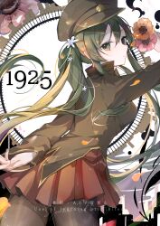 1925_(vocaloid) 1girl absurdres arm_behind_back black_hat black_jacket black_pantyhose closed_mouth flower from_side green_eyes green_hair hair_flower hair_ornament hat hatsune_miku highres jacket long_sleeves looking_at_viewer looking_back military_hat military_uniform miniskirt orange_flower pantyhose pink_flower pleated_skirt red_skirt skirt solo song_name syana_alice twintails vocaloid white_flower