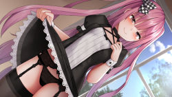 Rule 34 | 1girl, bad id, bad pixiv id, black dress, black panties, black thighhighs, blue sky, blush, bow, brown eyes, checkered bow, checkered clothes, closed mouth, clothes lift, cloud, commentary request, day, dress, dress lift, dutch angle, garter belt, hair between eyes, hair bow, half-closed eyes, indoors, lifting own clothes, long hair, looking at viewer, mizushina minato, original, panties, pink hair, pleated dress, puffy short sleeves, puffy sleeves, short sleeves, sky, smile, solo, thighhighs, two side up, underwear, very long hair, window, wrist cuffs