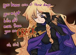 Rule 34 | 1girl, armor, blank eyes, blonde hair, blurry, blurry background, braid, breastplate, breasts, centurii-chan (artist), colored eyelashes, commentary, covered navel, english commentary, english text, eyes visible through hair, gauntlets, hand on own face, highres, large breasts, long hair, open mouth, original, profanity, purple eyes, purple robe, robe, roman armor, side braid, solo, sound effects, very long hair